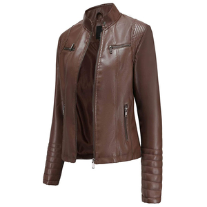 Women's PU Leather Moto <b>Jacket</b> Brown Stand Collar Zipper Full Sleeve Regular Length Solid Color <b>Biker</b> Style - Product Image 4
