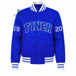 เสื้อแจ็คเก็ตวาร์ซิตี้สีน้ำเงินผ้าซาตินสำหรับผู้หญิง Zeta Phi Beta ติดกระดุมแบบ Snap ปักลายตัวอักษรกรีก คอเสื้อและปลายแขนเสื้อถักลายทาง สไตล์ชุดนักศึกษา - Product Image 1