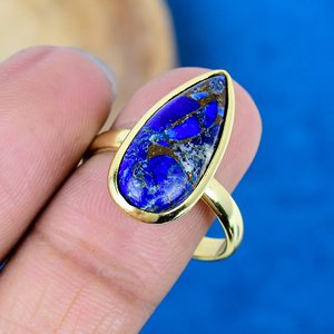 Copper Lapis Lazuli Pear Shape Gemstone <b>Ring</b> Handmade 18k Gold Micron Over 925 Sterling <b>Silver</b> - Product Image 3