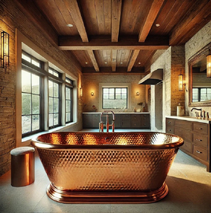 Bañera doble de cobre martillado en un baño de diseño rústico con techos de madera y piedra. Disponible a precios de mayorista. - Product Image 1