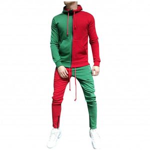 Ensemble de survêtement 2-en-1 bicolore 100 % coton pour homme, sweat à capuche à manches longues avec cordon de serrage, poches latérales, tenue décontractée et sportive respirante - Product Image 4