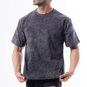 T-shirt en coton décontracté à col rond et manches courtes pour homme, coupe régulière, couleur unie, effet délavé, tricot jersey, noir et gris, vente en gros 2026 - Product Image 3