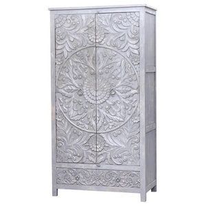 Luxury Handcrafted Solid Wood 2 Door <b>Wardrobe</b> Ornate Mandala Floral Carving Distressed Grey Armoire - Product Image 2