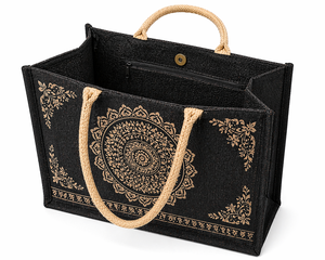 Bolsa de Yute Negra con Estampado de Mandala, Ecológica, Reutilizable, para Bodas, Fiestas, Exposiciones, Compras, Diseño Étnico, Logotipo Personalizado - Product Image 1