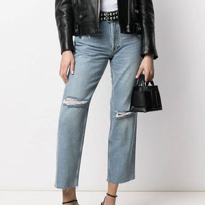 Jean en denim déchiré bleu clair pour femme, coupe droite, slim, effet usé, en coton, style décontracté vintage - Product Image 5