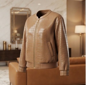 Cameo <b>Brown</b> Crocodile Embossed PU <b>Leather</b> Bomber <b>Jacket</b> <b>Women's</b> Full Sleeve Crew Neck Autumn Regular Length Zipper Closure - Product Image 2