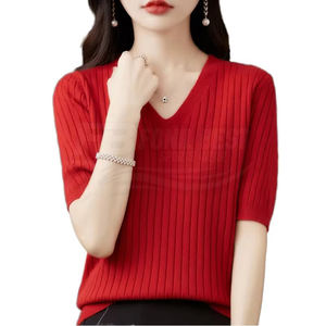 Suéter de Moda Casual de Alta Costura para Mujer, de Algodón, Manga Corta, Cuello Redondo, Delgado, para Primavera/Verano, Corte Regular, Tejido de Punto - Product Image 1