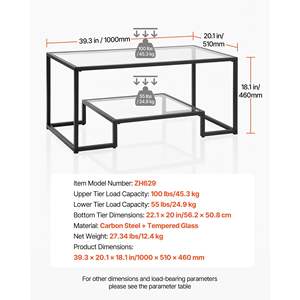 Mesa de Centro Moderna de 2 Niveles, Rectangular, de Vidrio Templado, con Almacenamiento Abierto, Estructura Metálica Resistente, Fácil de Ensamblar, Estilo Minimalista, Mesa Auxiliar - Product Image 3