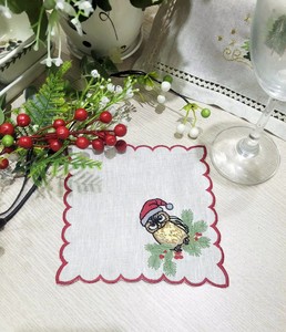 Serviettes de cocktail personnalisées brodées hibou Noël, bordure rouge, en lin naturel, réutilisables pour événements domestiques, bars et fêtes - Vente en gros - Product Image 5