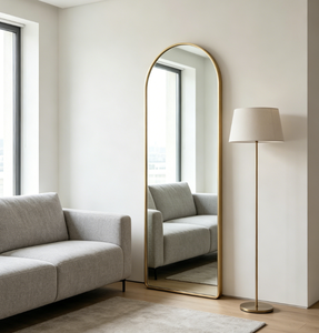 <b>Arched</b> Full Length Metal <b>Framed</b> Decorative Glass Wall Mirror LED Display Screen Gold Finish Customizable Thickness Wall Mounted - Product Image 6