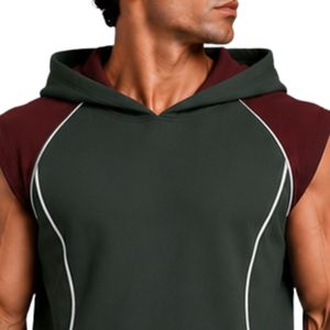 Conjunto Deportivo para Hombre, Color Verde Oscuro/Burdeos, Sin Mangas, con Capucha, Logotipo Personalizado, para Gimnasio, Fitness, Entrenamiento, Sudadera con Capucha y Pantalones Cortos, Ropa Deportiva - Product Image 6