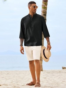 <b>Men's</b> Black <b>Henley</b> <b>Shirt</b> Solid Color Button Down Casual Style Woven Fabric Long Sleeve Top - Product Image 4