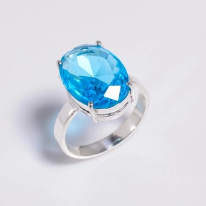 <b>Blue</b> Topaz Brass <b>Ring</b> Oval Cut Gemstone Handmade Silver Plated Statement <b>Ring</b> Women Jewelry October Birthstone - Product Image 1