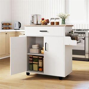 Carrello da Cucina Rotante in Marmo e Legno da 105 cm, Bianco, con Cassetto Portaoggetti, Armadietto, Porta Spezie e Portasciugamani - Product Image 2
