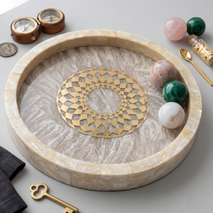 Pearl White Round Resin Art Deco Scenic Pattern Serving <b>Tray</b> with Multi-Functional Design for Wedding & Diwali Home Decor - Product Image 1
