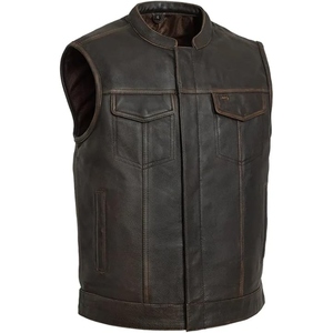 Custom <b>Men's</b> Brown Perforated Genuine Cowhide <b>Leather</b> Motorcycle Vest Stand Collar Biker Club <b>Leather</b> <b>Waistcoat</b> - Product Image 1