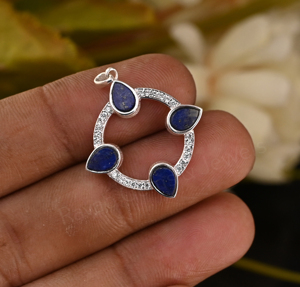Pendentif unisexe en argent 925 plaqué rhodium, forme poire 4x6mm, serti clos, avec lapis-lazuli et motif floral, pavé, cadeau idéal, best-seller - Product Image 5
