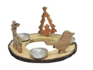 Porte-bougie décoratif en bois avec rennes et arbre, orné d'éléments métalliques, centre de table de Noël - Product Image 1