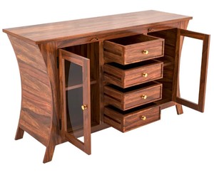 Wholesale Modern Curved Solid Wood <b>Sideboard</b> 2 Glass Door Buffet Cabinet with 4 Drawers For Home | Pindel Handicraft - Product Image 3