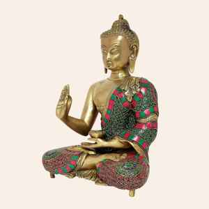 รูปปั้นพระพุทธรูปทำด้วยมือทองเหลืองฝังสีสันสดใสรูปพระพุทธเจ้ารูปพระพุทธรูปบำบัดสำหรับตกแต่งบ้านและวาสตู - Product Image 2