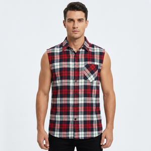 Factory Custom Color 100% Cotton Men's Button-Up Sleeveless Flannel <b>Shirt</b> Yarn Dyed Blue Black Plaid Casual Summer Breathable - Product Image 1