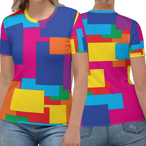 Camiseta de Manga Corta para Mujer, con Bloques de Color, Estampada, Cuello Redondo, Corte Regular, Informal, 100% Poliéster Tejido, para Todas las Temporadas - Product Image 3