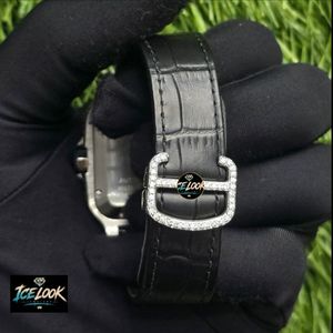 Ice Look <b>Mechanical</b> <b>Watch</b> Square Dial Crystal Bezel Leather Strap Roman Numeral Wristwatch for Men - Product Image 2
