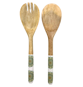 Cuillère et fourchette en bois avec manche imprimé émail, 2 pièces, articles de table de qualité supérieure à prix bas, ensemble de cuillères à salade en bois - Product Image 1