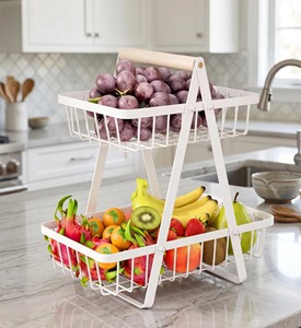 Panier à fruits et légumes à 2 niveaux en métal blanc pour le rangement des collations et des courses, et la présentation des produits frais de l'Inde - Product Image 1