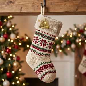 Chaussette de Noël en tricot Fair Isle avec bordure en fausse fourrure, motif rouge et vert, à suspendre au foyer, sac cadeau de Noël pour la famille - Product Image 1