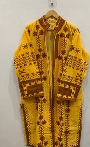 Wholesale Indian Handmade Suzani Embroidered Yellow Velvet Kimono <b>Jacket</b> Long Duster Coat Vintage <b>Brown</b> Floral Vine Motif <b>Women</b> - Product Image 3