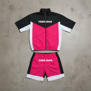 <b>Men's</b> Color Blocking Sporty Short Sleeve <b>Jacket</b> And Shorts Set Quick Dry <b>Summer</b> Wear With Logo Printing - Product Image 5