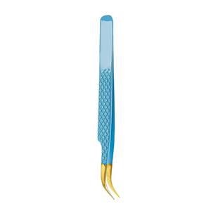 Precision Gold-Plated <b>Eyelash</b> Tweezers with Smooth Tip and Blue Textured Grip for Accurate <b>Application</b> - Product Image 3