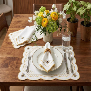 Custom Classic Luxury Washable Embroidery Bee Hives Placemats Napkins Sets Yellow Scallop Border 100% Cotton <b>Mats</b> for Home - Product Image 4