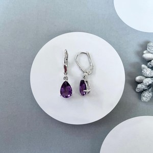Amethyst Drop <b>Earrings</b> 925 Sterling Silver Platinum Plated Pear Cut Healing Gemstone Third Party Certified Dainty Gift for Her - Product Image 2