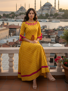 Colección de Anarkali Kurta de Algodón Ikat y Estampado Floral, Vestido Anarkali con Cuello Bordado y Mangas con Volantes, Ropa Étnica para Mujer - Product Image 6