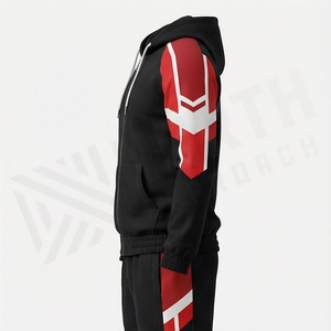 Survêtement à capuche pour homme, fermeture éclair intégrale, sweat-shirt sportif bicolore avec poches latérales, tenue d'automne, design noir, rouge et blanc - Product Image 3