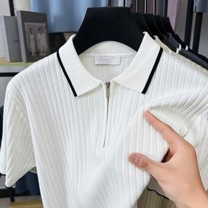 Camiseta de Punto Personalizada con Logotipo OEM para Hombre, Jersey de Manga Corta con Cierre de 1/4, Cuello Bordado, Camiseta de Punto Informal de Verano - Product Image 4