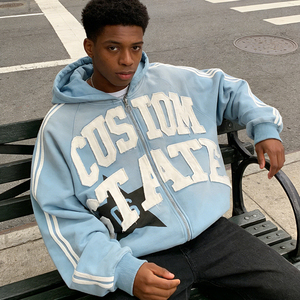 Applique Embroidery OEM Custom Print Oversized Vintage Blue Streetwear Zipper-up Heavyweight 400 GSM Men's Hoodie - Product Image 3