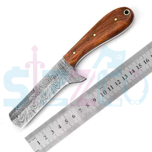 Cuchillo de caza y camping de hoja fija de acero de Damasco hecho a mano, estilo vaquero personalizado, con funda de cuero. - Product Image 6