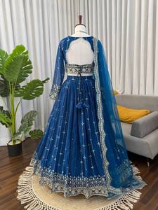 ชุดเลเฮนกา โจลี ปักลายสีน้ำเงิน ผ้าจอร์เจตต์ พร้อมผ้าคลุมไหล่ สำหรับงานแต่งงาน งานเลี้ยง ชุดอินเดีย ปากีสถาน สำหรับผู้หญิง - Product Image 2