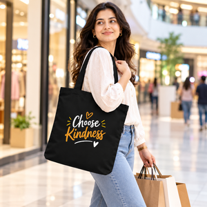 Bolso de mano de lona negra AMANI con estampado de letras de Kindness, bolso de compras y de viaje para mujer a la moda - Product Image 4