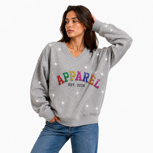 Sweat-shirt personnalisé à col en V avec strass colorés pour femme, gris, coupe oversize, vêtement scintillant, streetwear, haut personnalisé avec étiquette privée, OEM ODM - Product Image 1