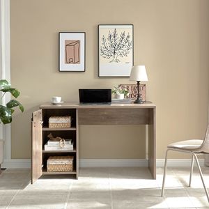 Scrivania per Home Office 92205 Hazelnut con un mobiletto, tre ripiani, anta scorrevole effetto fienile su cerniere metalliche Euro, pannello decorativo, scrivania per computer - Product Image 4