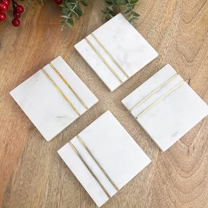 Sous-verres carrés en marbre blanc avec incrustation métallique, lot de quatre sous-verres en pierre naturelle - Product Image 6