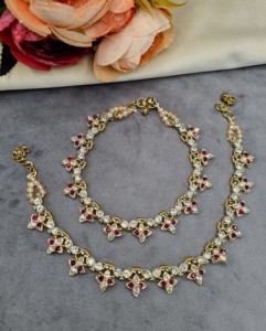 Paire de chevillères Payal ethniques délicates, florales et serties de pierres précieuses, légères, de créateur, style Ghungroo, pour la vente en gros, collections de bijoux de pied - Product Image 4