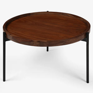 Table basse de salon pliable en bois d'acacia massif avec finition noyer, plateau rond en marbre blanc et base en métal, durable - Product Image 2