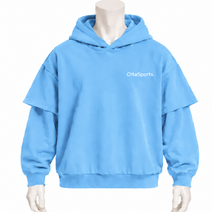 Sky Blue Double Layer <b>Hoodie</b> Vintage Oversized <b>Short</b> <b>Sleeve</b> Overlay Long <b>Sleeve</b> Pullover Casual Streetwear Loose Fit Hooded - Product Image 1