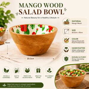 Bol à salade en bois de manguier artisanal de qualité supérieure avec intérieur en émail floral |   Bol de service décoratif pour fruits, collations, cuisine, salle à manger - Product Image 5