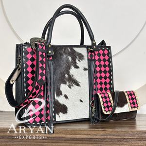 Conjunto de 2 Piezas: Bolso Tote de Cuero Genuino a Cuadros y Cartera de Mano de Cuero Vacuno Grabado a Mano, Novedad 2026 - Product Image 1